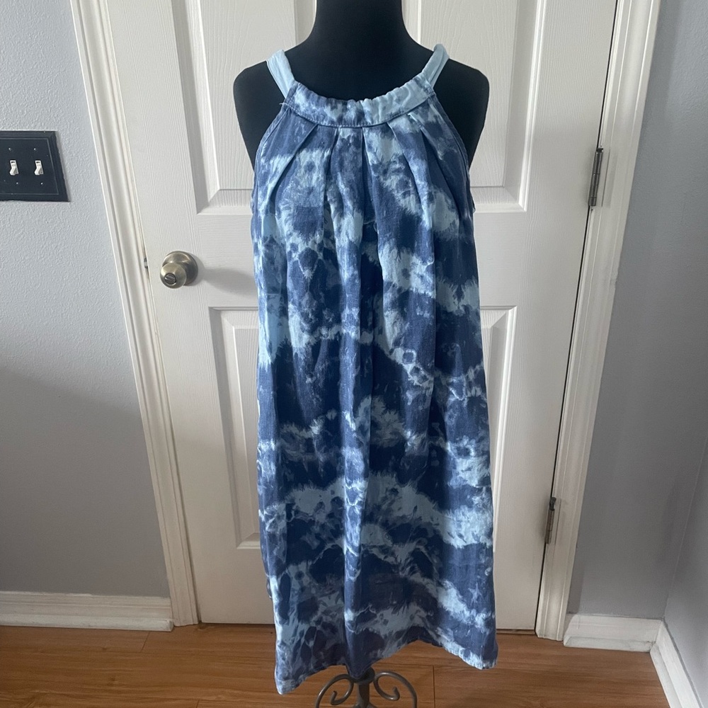 Bellauvra boho tye dye blue linen sun dress size medium